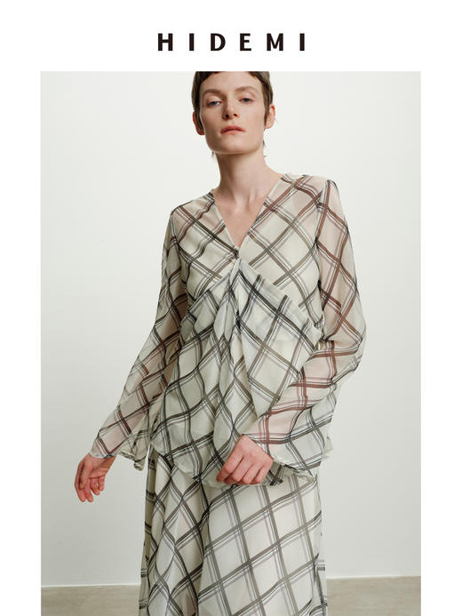 HIDEMI “我们做印花 ”系列原创手绘格纹清透薄纱缎上衣半裙套装 商品图7