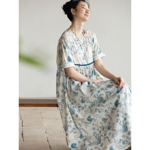 牧衣游原创 印花纯棉连衣裙女夏日轻薄宽松文艺碎花长裙 汀花雨细 商品图1