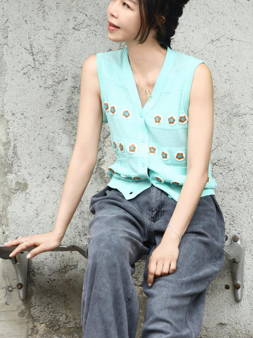 TYNVIE 花卉钩编贴花透视针织背心 - 薄荷绿 商品图6