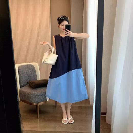 雀说春不晚 夏季新款无袖撞色圆领连衣裙不规则拼接中长款无袖中长裙AL7002 商品图2