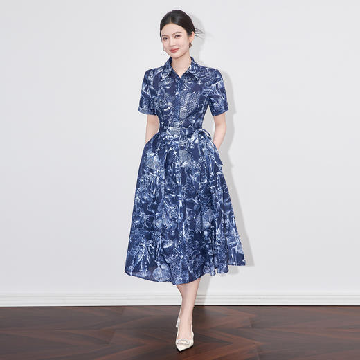 「高货wl」全新升级【铂金会员367/天猫489/差价122】(10204)洛诗琳通勤气质翻领印花连衣裙2025夏季新款度假风衬衫裙 商品图0