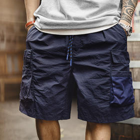 马登工装美式多口袋短裤速干机能藏青色户外轻薄款抽绳五分裤男夏