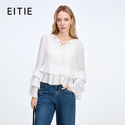 EITIE爱特爱温柔法式系带荷叶边长袖宽松显瘦上衣秋季新款8313001 商品图0