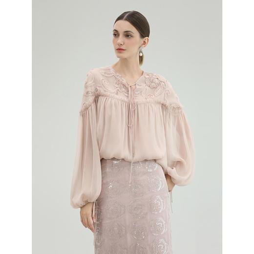 COCOBELLA名媛风玫瑰金盘花刺绣仙女上衣女仿真丝衬衫SR3212 商品图2