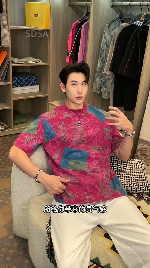 T3960夏季高级感新款男士美式撞色满印字母短袖T恤百搭休闲圆领上衣潮