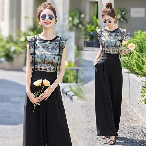 网红吊带连体裤时尚套装2025夏印花T恤背带阔腿裤垂感休闲两件套YF2602 商品图0