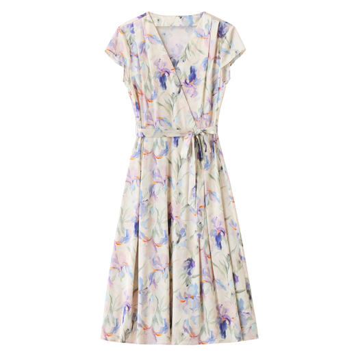 丁摩时尚真丝连衣裙新款夏季V领系带印花收腰桑蚕丝碎花长裙AL25038 商品图4