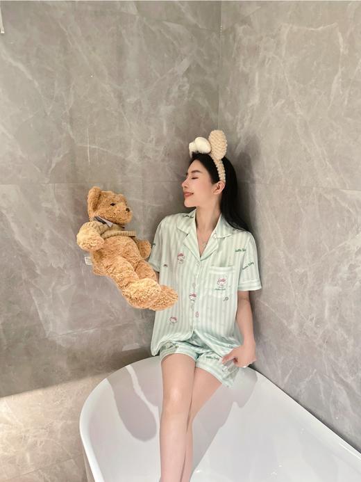 薄款KT条纹睡衣女款夏冰丝薄荷绿短袖可爱甜美可外穿家居服套装 商品图2