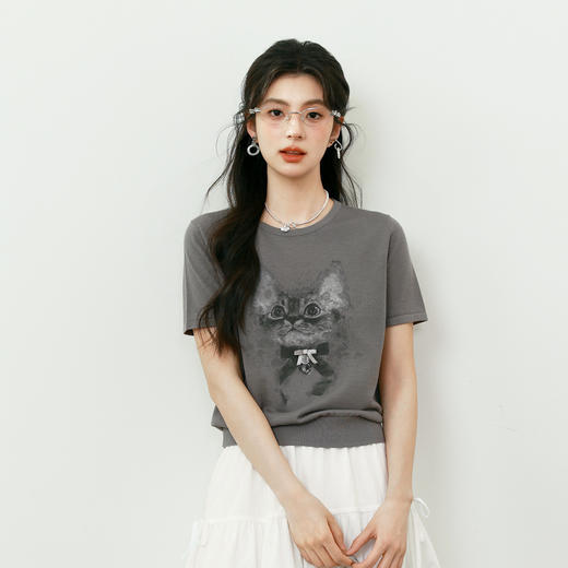 【商场同款】诗凡黎【萌宠系列】诗凡黎莱赛尔短袖针织衫2025夏猫咪小上衣3G4630881 商品图2