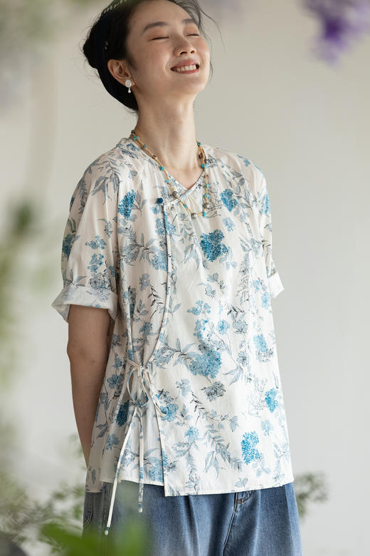 牧衣游原创 印花纯棉短外套夏新款轻薄斜襟系带新中式开衫 水清照 商品图5