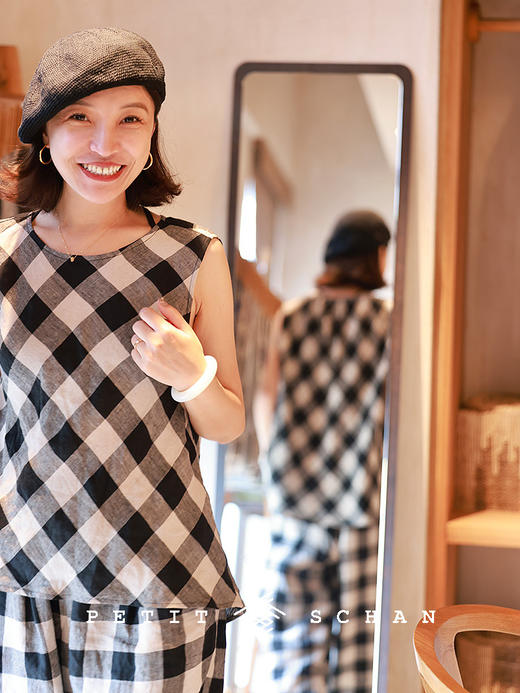 PETIT SCHAN小闪 CLO#852 Magic Carpet's Password 神毯的密码 一千零一夜纯亚麻格纹斜裁无袖上衣 商品图0