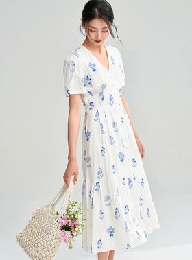 重工刺绣花朵薄棉透气法式简约V领收腰显瘦气质连衣裙