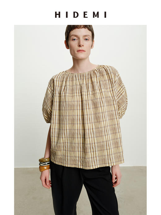 HIDEMI 不规则剪裁大伞状进口韩国纱线格纹泡泡袖上衣半身裙套装 商品图7