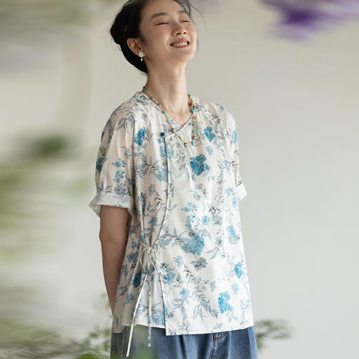 牧衣游原创 印花纯棉短外套夏新款轻薄斜襟系带新中式开衫 水清照 商品图0