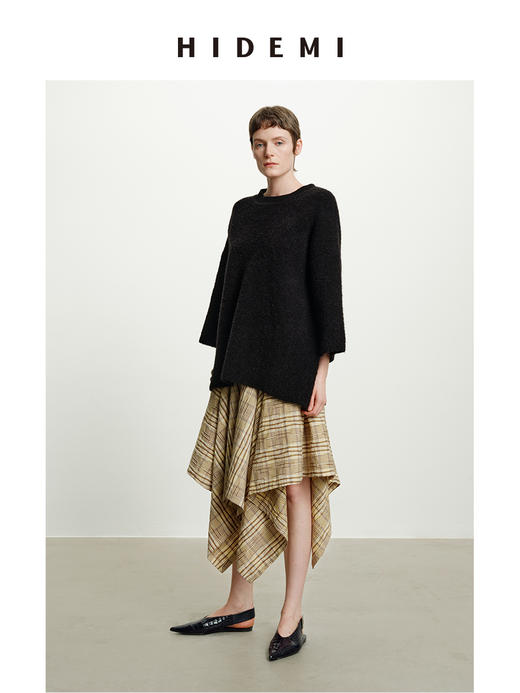 HIDEMI 不规则剪裁大伞状进口韩国纱线格纹泡泡袖上衣半身裙套装 商品图5