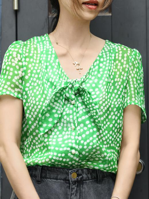 TYNVIE 系带透视短袖衬衫 - 绿色波点 商品图1