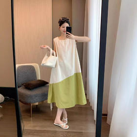 雀说春不晚 夏季新款无袖撞色圆领连衣裙不规则拼接中长款无袖中长裙AL7002