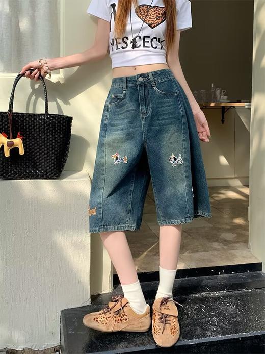 【GZ】无忧购美式复古设计感刺绣五分牛仔短裤女夏季宽松阔腿小个子直筒裤742（截单后3-5天发货） 商品图3