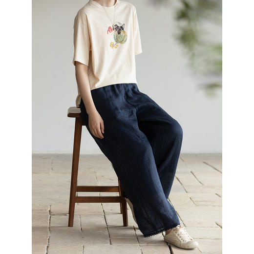 牧衣游原创 净色苎麻裤子轻盈透薄文艺通勤宽松百搭休闲裤 染花落 商品图3