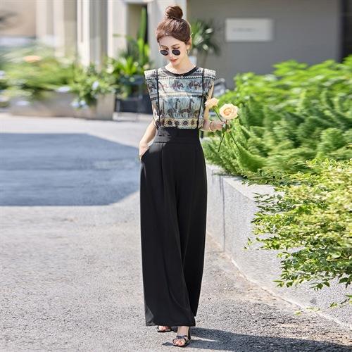 网红吊带连体裤时尚套装2025夏印花T恤背带阔腿裤垂感休闲两件套YF2602 商品图4