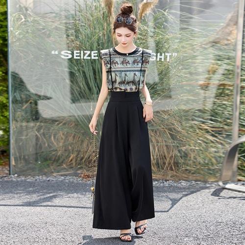 网红吊带连体裤时尚套装2025夏印花T恤背带阔腿裤垂感休闲两件套YF2602 商品图2