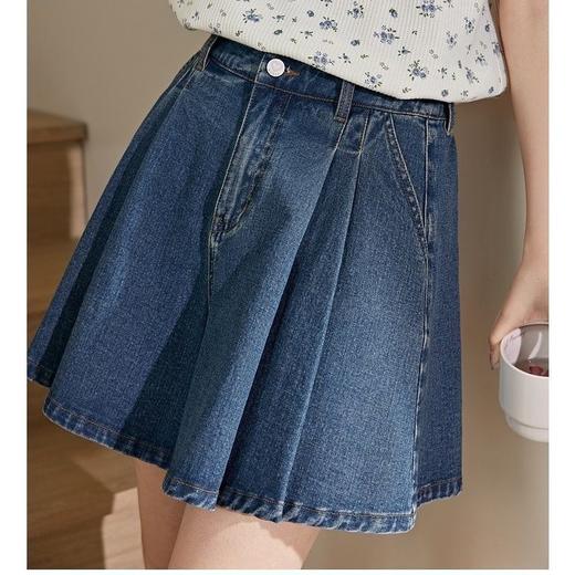 雀说阔色复古高腰百褶牛仔半身裙裤新款女蓝色a字短裤子AL6003 商品图5