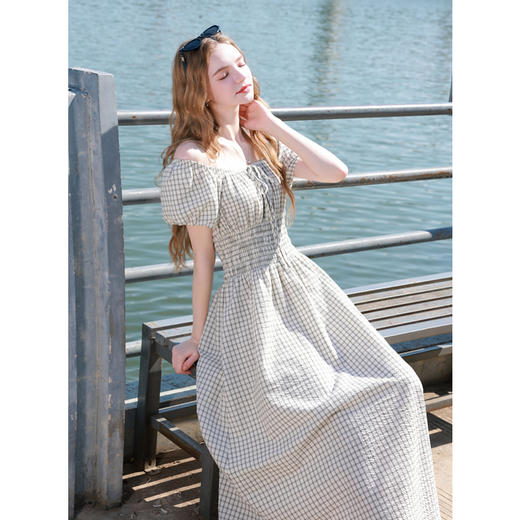 三彩2025秋季新款法式方领两穿格纹连衣裙高腰A字大摆长裙复古M 商品图3