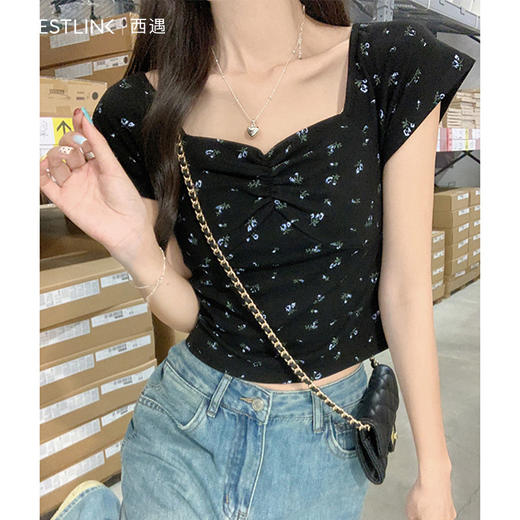 西遇S黑色桃心领T恤女夏季新款早秋短款短袖小个子法式上衣SS140112 商品图0