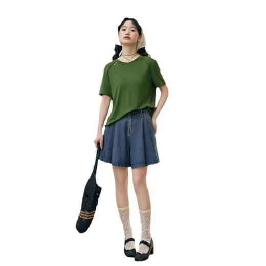 雀说阔色复古高腰百褶牛仔半身裙裤新款女蓝色a字短裤子AL6003 商品图4