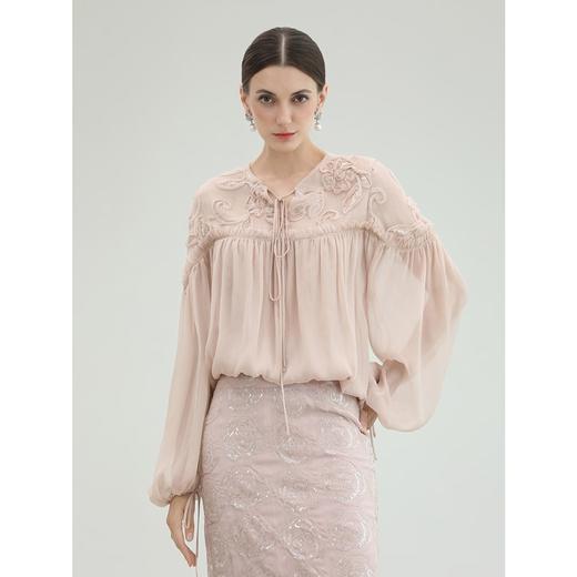 COCOBELLA名媛风玫瑰金盘花刺绣仙女上衣女仿真丝衬衫SR3212 商品图1