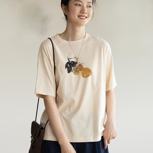 牧衣游原创印花纯棉T恤舒适亲肤文艺圆领简约百搭宽松短袖 晓来风 商品图0