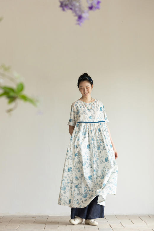 牧衣游原创 印花纯棉连衣裙女夏日轻薄宽松文艺碎花长裙 汀花雨细 商品图5