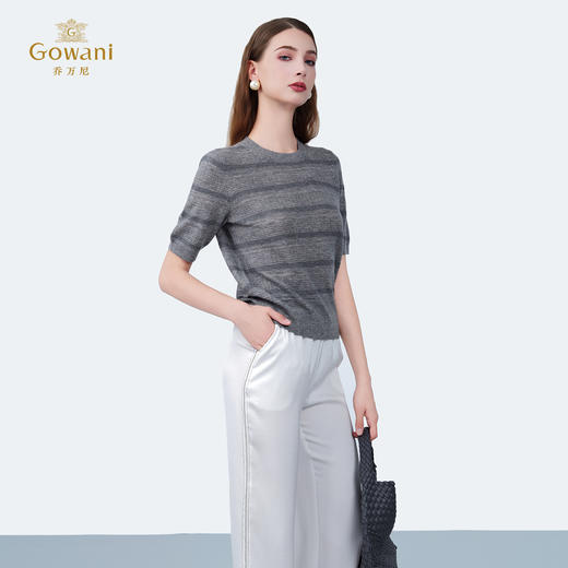 乔万尼新品简约高级感条纹圆领舒适薄款羊毛针织上衣EZ2M113 商品图3