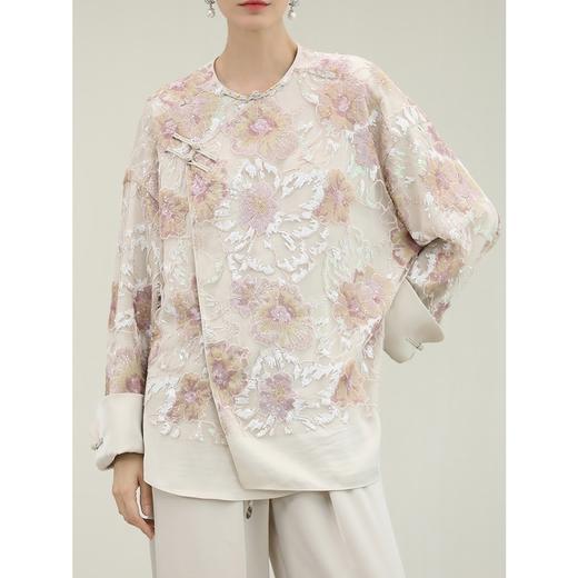 COCOBELLA亮片提花珠绣新中式盘扣上衣国风假两件外套SC3223 商品图3