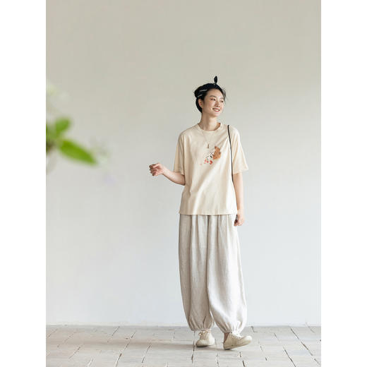 牧衣游原创印花纯棉T恤舒适亲肤文艺圆领简约百搭宽松短袖 晓来风 商品图2