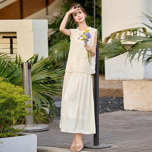 2025夏装新款气质棉麻拼接蕾丝网纱垂感透气两件套裤HRYZ2078 商品图2