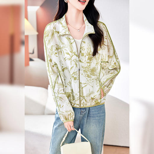 丁摩真丝短外套女长袖印花薄款宽松防晒衣夏季桑蚕丝上衣开衫AL0125 商品图2