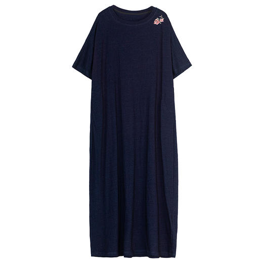 牧衣游原创 手工刺绣酵洗32支纯棉连衣裙靛蓝色随性宽松长裙 朝暮 商品图4