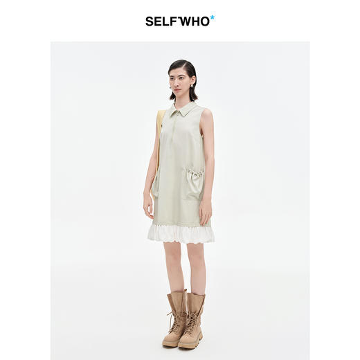 SELFWHO浅卡其半拉链背心连衣裙女2025夏新款拼接蓬松泡泡背心裙 商品图2