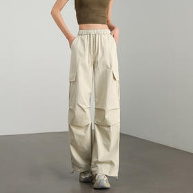 西遇白色工装裤女新款松紧腰美式酷飒风高腰直筒休闲裤D0050454