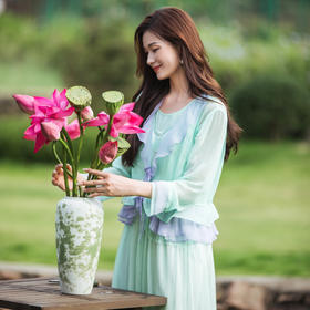 【林栖设计小店】【林栖推荐】2025夏季新品紫绿色拼真丝开衫外套女N1953122