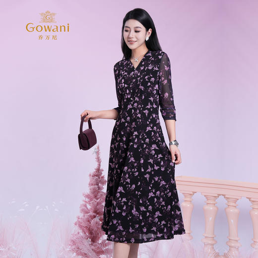 乔万尼新品绛绡蝶影图浪漫印花V领连衣裙ED2E523 商品图1