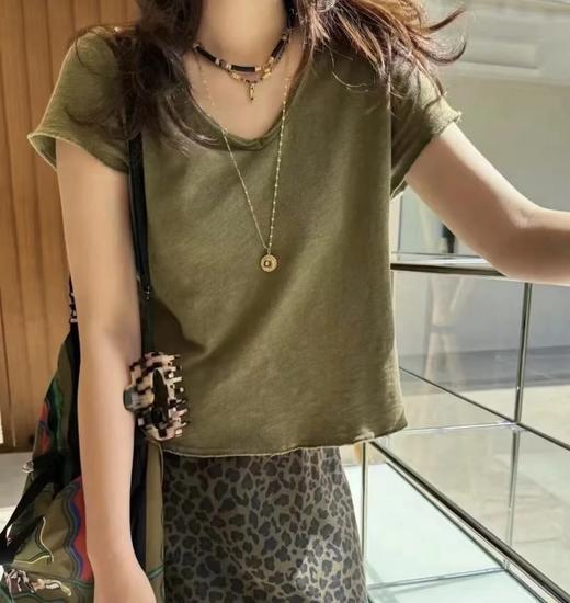 自留5色！AMV章小惠同款   竹节棉短袖T恤　小V领　老钱松弛感短袖　多巴胺TEE恤 商品图1