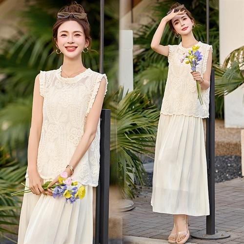 2025夏装新款气质棉麻拼接蕾丝网纱垂感透气两件套裤HRYZ2078 商品图3