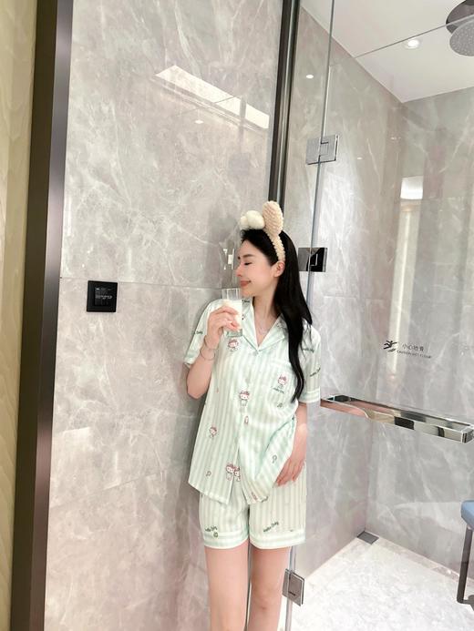 薄款KT条纹睡衣女款夏冰丝薄荷绿短袖可爱甜美可外穿家居服套装 商品图5