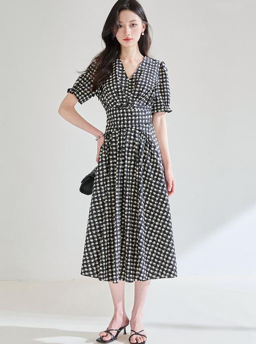 知性法式轻奢黑白格纹V领绑带收腰显瘦天丝棉质A字连衣裙 商品图2