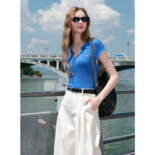 三彩2025秋季新款慵懒简约Polo领无袖针织衫修身套头气质显瘦M 商品图2