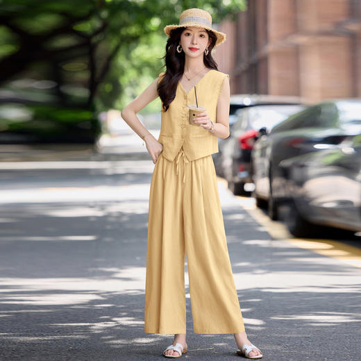 时尚天丝亚麻套装女2025夏季新款百搭气质马甲显瘦阔腿裤两件套EBDU978-1 商品图0