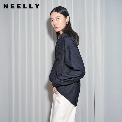 NEELLY纳俪商场同款夏新款气质蕾丝设计感长袖衬衫女休闲V领衬衣N25071B01012 商品图0