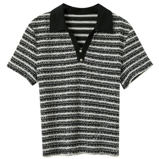 三彩2025秋季新款Polo领撞色条纹T恤香风套头衫短袖上衣气质M 商品图4